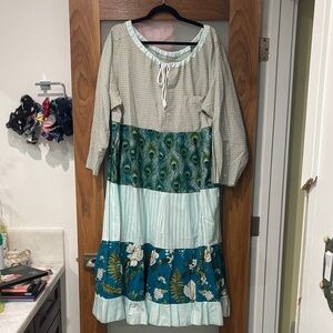 Handmade Patchwork Green Blue Colorblock Prairie Maxi Dress